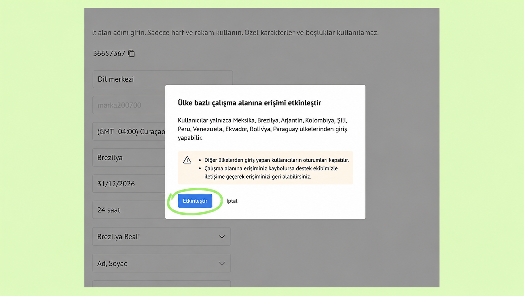 Instructions for enabling country-based access for specific users in a system interface.